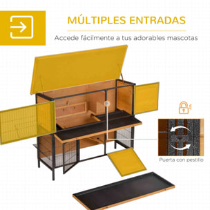 Conejera de Madera de 2 Niveles Jaula para Conejos con Techo Asfáltico Abatible Puertas con Pestillo Bandejas Extraíbles y Rampa Conejera para Exterior 122x50x101 cm Natural y Negro
