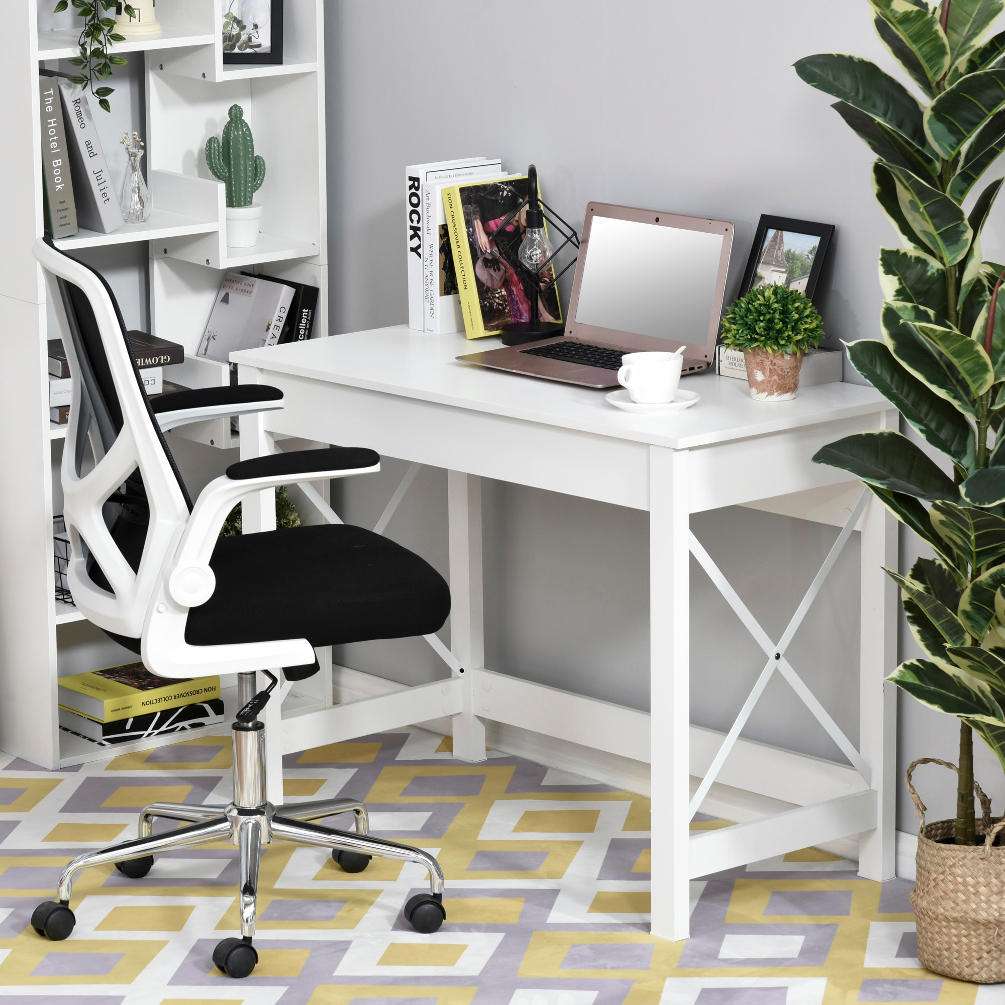 Bureau moderne compact dim. 105x50cm bureau informatique bois métal croisillons blanc