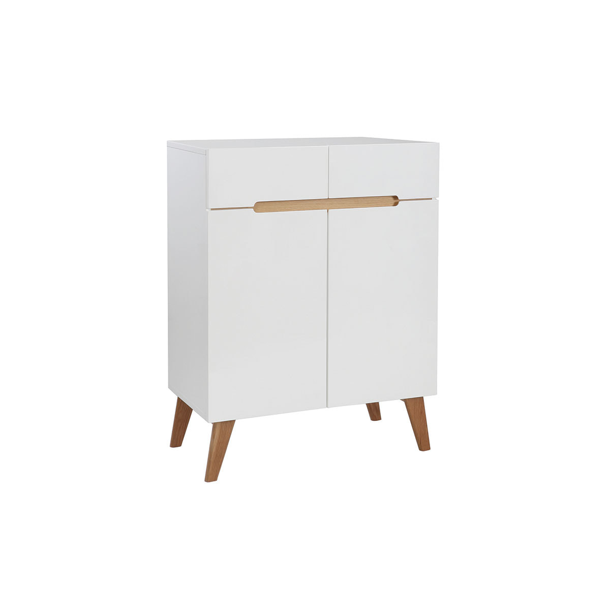 Buffet scandinave blanc brillant et finition bois clair 2 portes 2 tiroirs L80cm MELKA