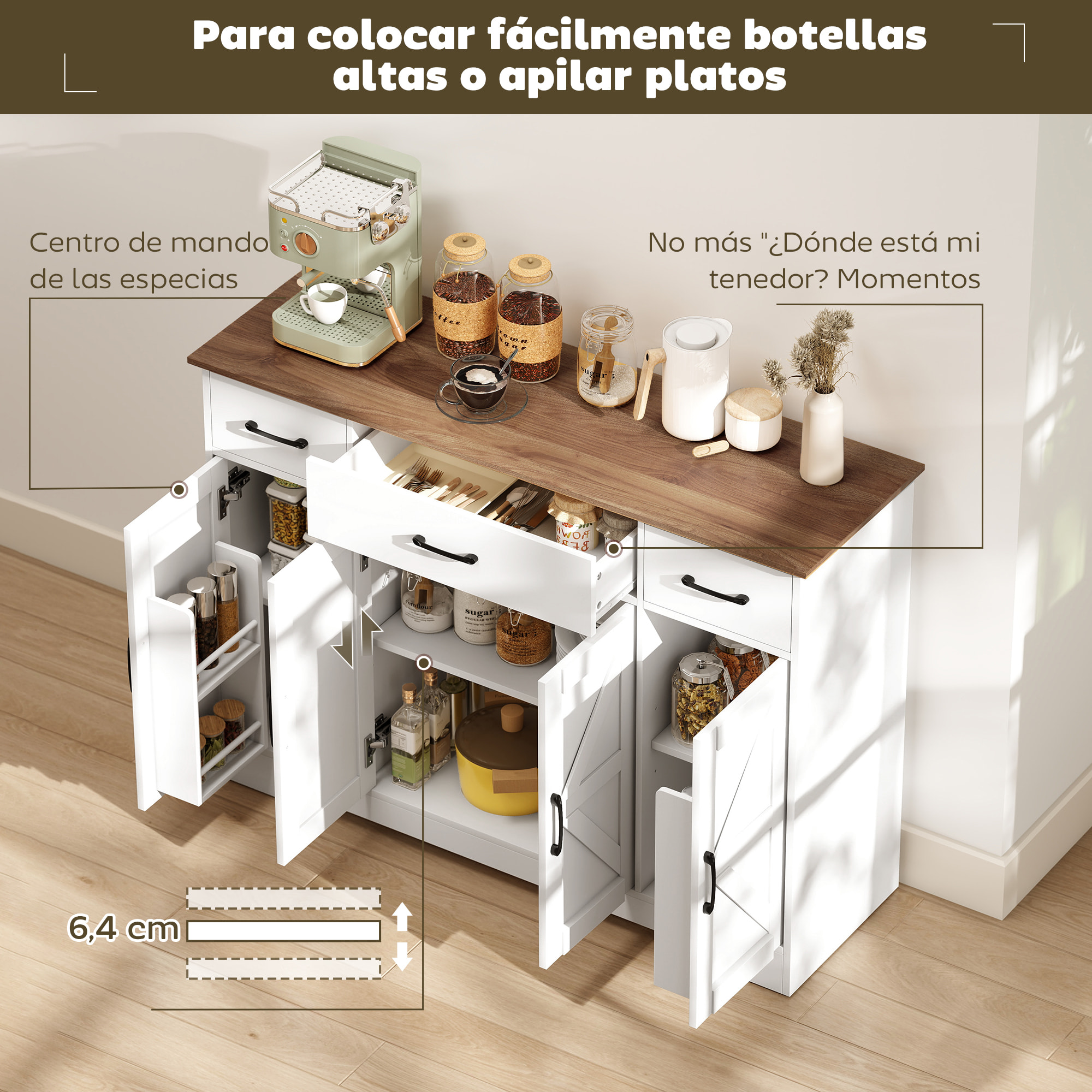 Aparador de Cocina Rústico, Armario de Cocina con 4 Estantes de Puerta, 3 Cajones, Estantes Ajustables, Puerta con Cierre Suave, Mueble de TV para 48-55 Pulgadas, 120x38x87 cm, Blanco y Nogal
