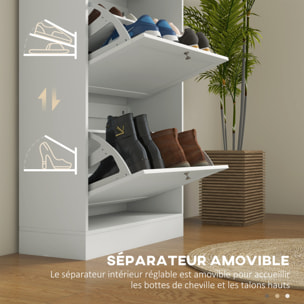 Armoire à chaussures 3 portes abattantes 2 compartiments panneaux particules blanc aspect chêne clair