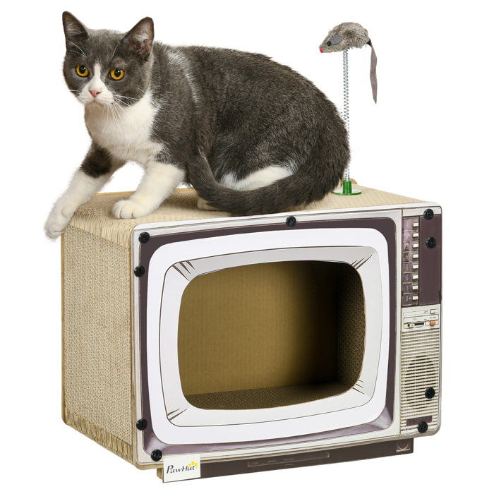 Rascador de Cartón para Gatos Tablero para Rascar en Forma de Televisor con Ratón de Juguete Centro de Actividades para Mascotas 43x23x23,5 cm Arena