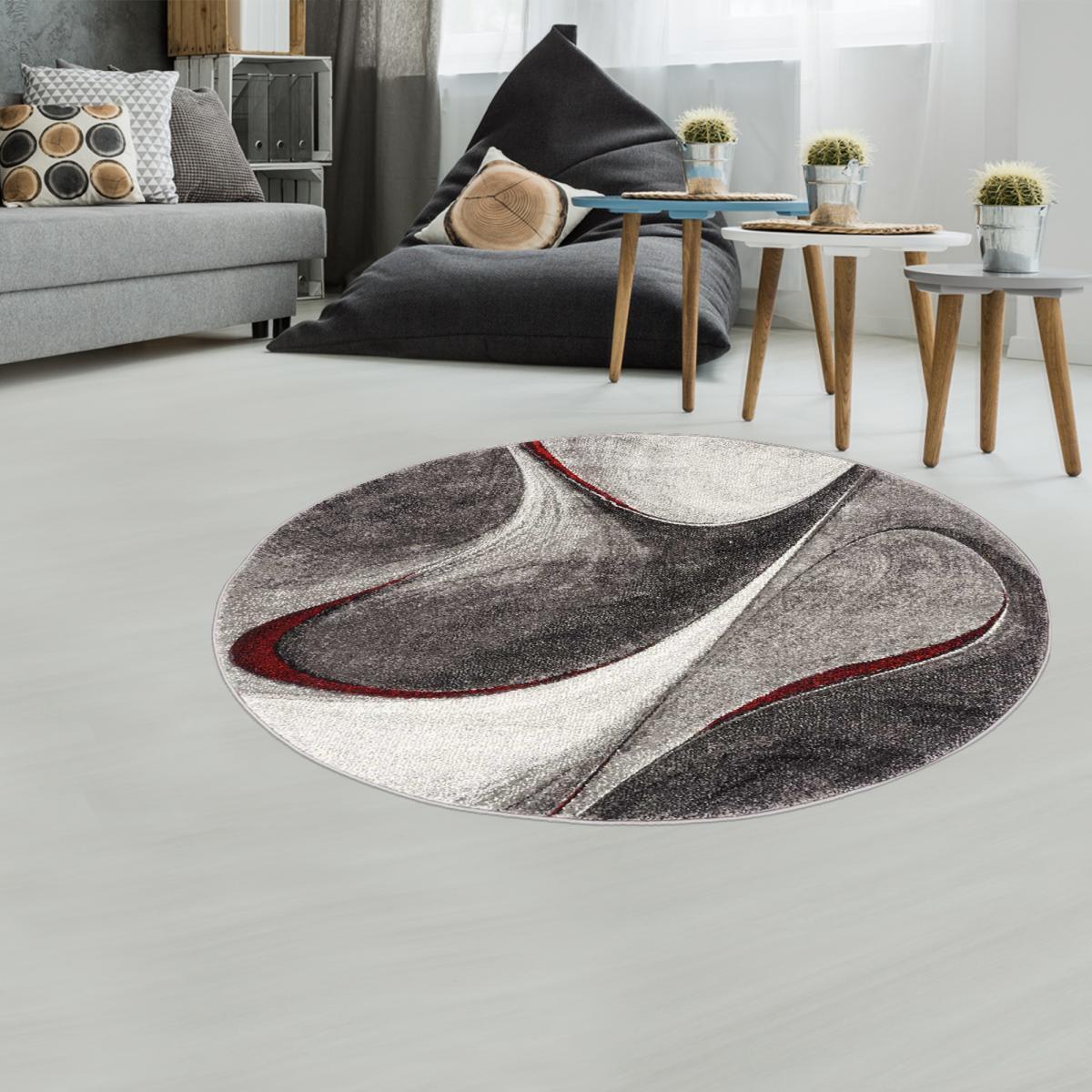 tapis salon Ø140cm tissé rouge et gris rond motif géométrique MADILA R