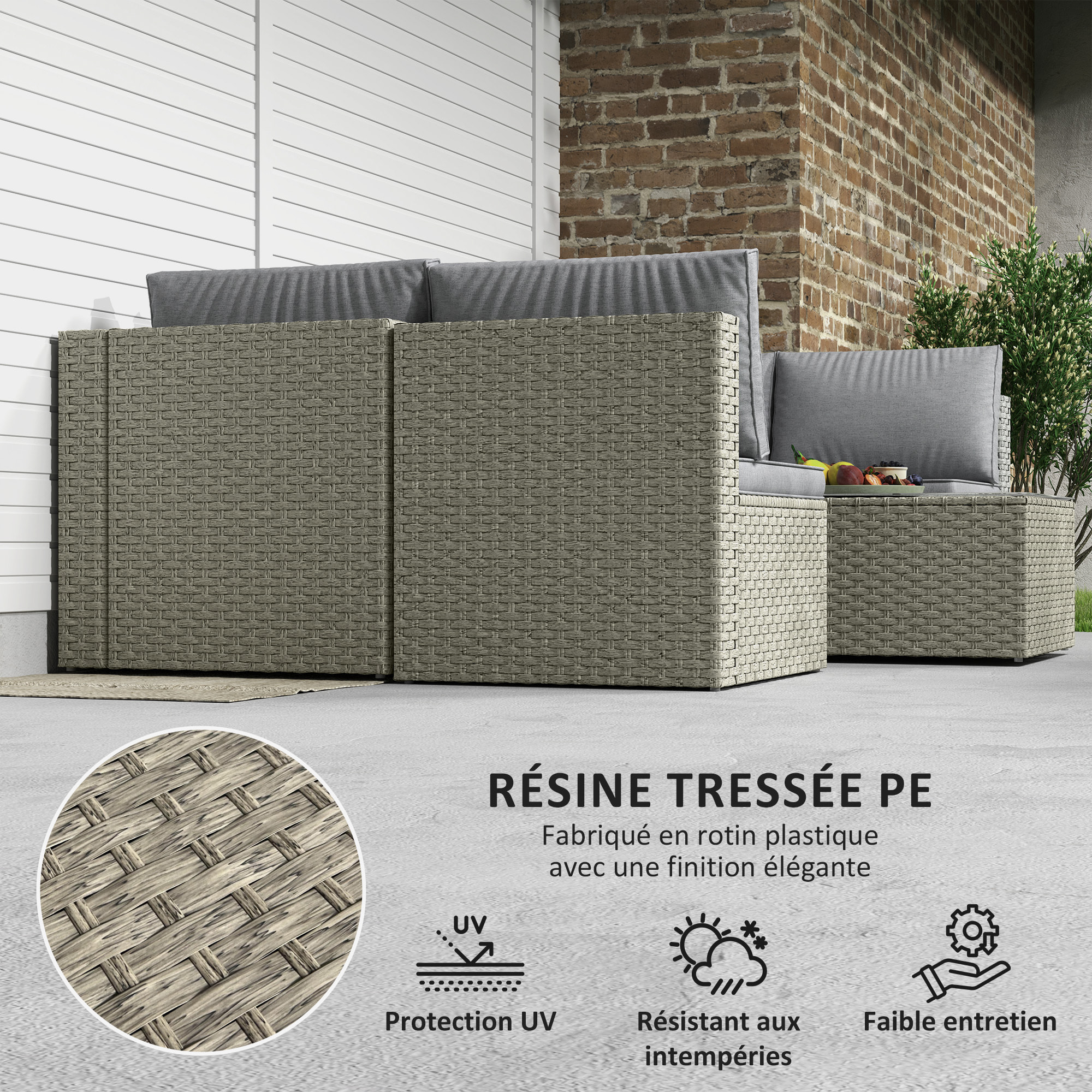 Ensemble salon de jardin modulable 6 personnes avec table basse résine tressée effet rotin gris