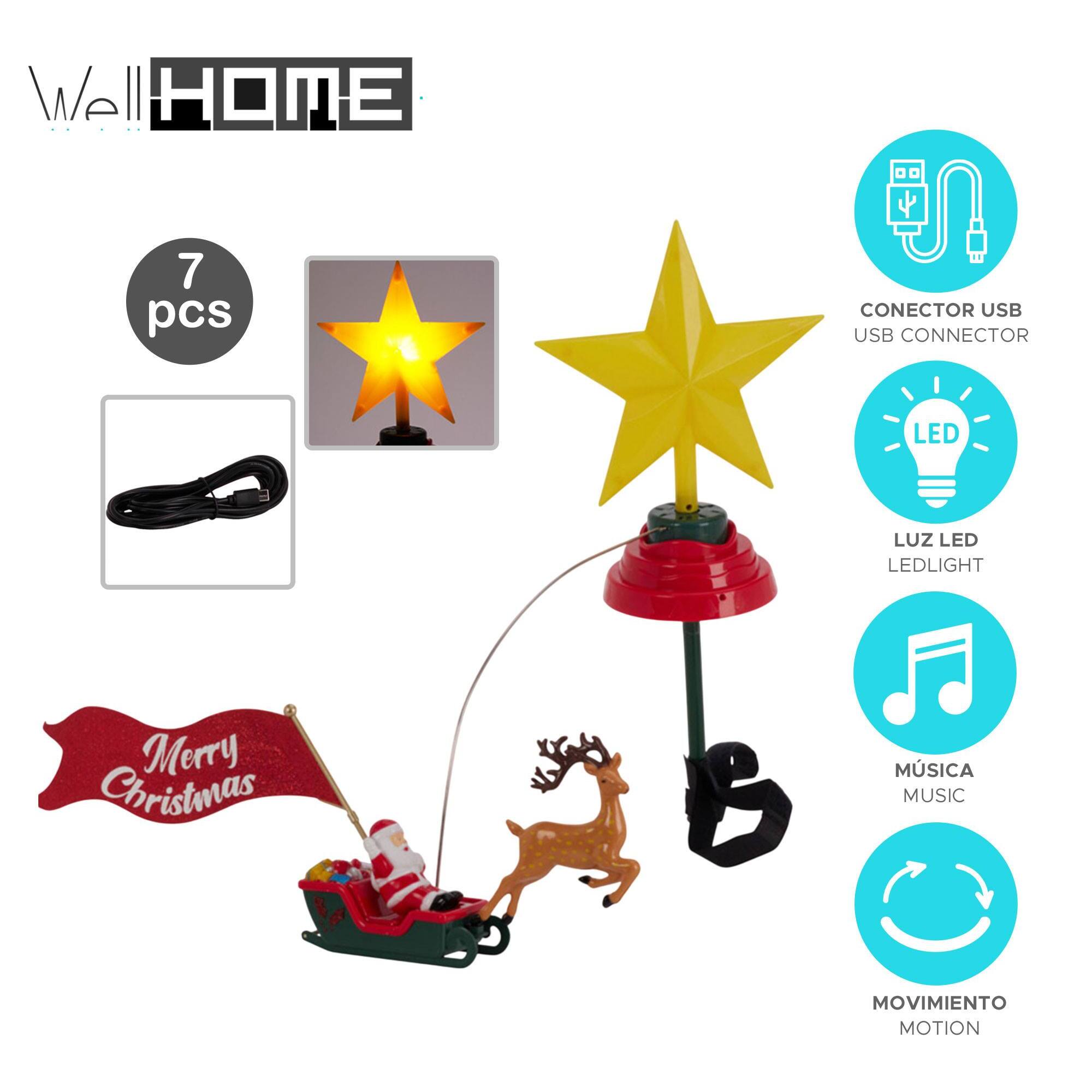 Estrella para cima de árbol de navidad led con música y trineo giratorio