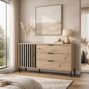 Comò Moderno Con 3 Cassetti E Anta Battente Cassettiera Mobile Contenitore Elegante Base In Metallo 137.3 x 81.4 x 39.5 Cm Rovere E Grigio Antracite