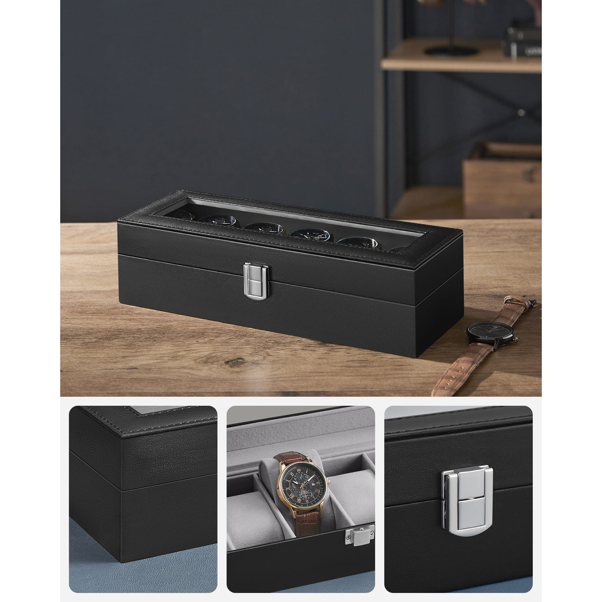 Scatola porta orologi a 6 posti in ecopelle nera
