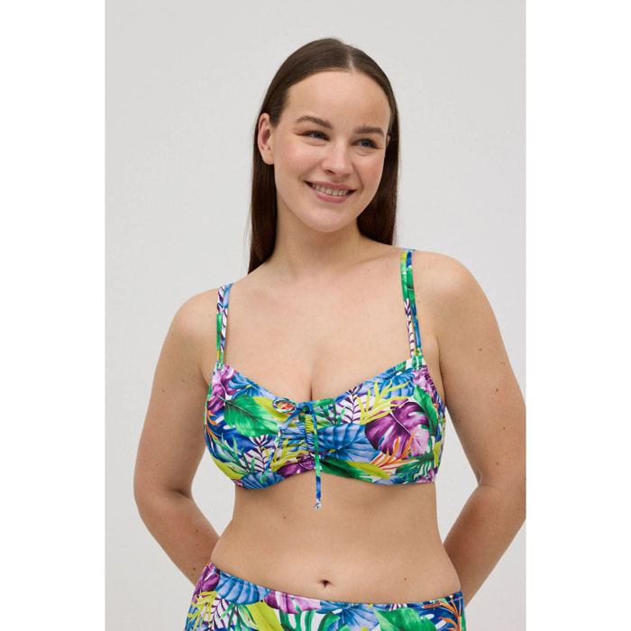 Top bikini snellente con stampa tropicale per coppe C ed E