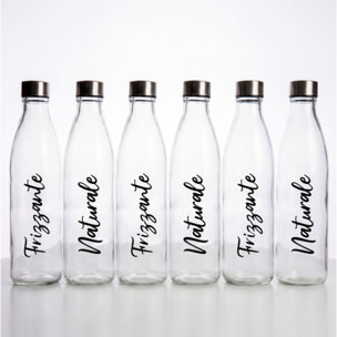 Set 6 bottiglie in vetro da 1 litro con tappo in acciaio inox, bottiglie per acqua naturale e frizzante, resistenti e riutilizzabili, design elegante per tavola e frigorifero, facili da pulire, ideali per casa ristorante e ufficio