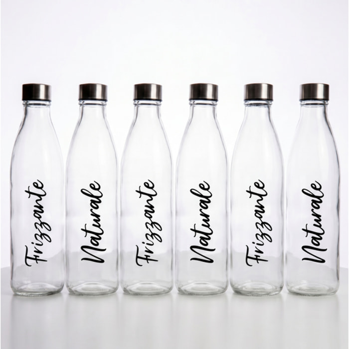 Set 6 bottiglie in vetro da 1 litro con tappo in acciaio inox, bottiglie per acqua naturale e frizzante, resistenti e riutilizzabili, design elegante per tavola e frigorifero, facili da pulire, ideali per casa ristorante e ufficio