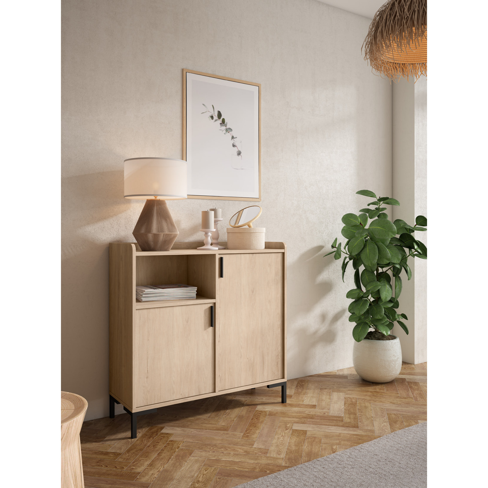 Aparador entrada Dover melamina roble claro 88x90x33 cm