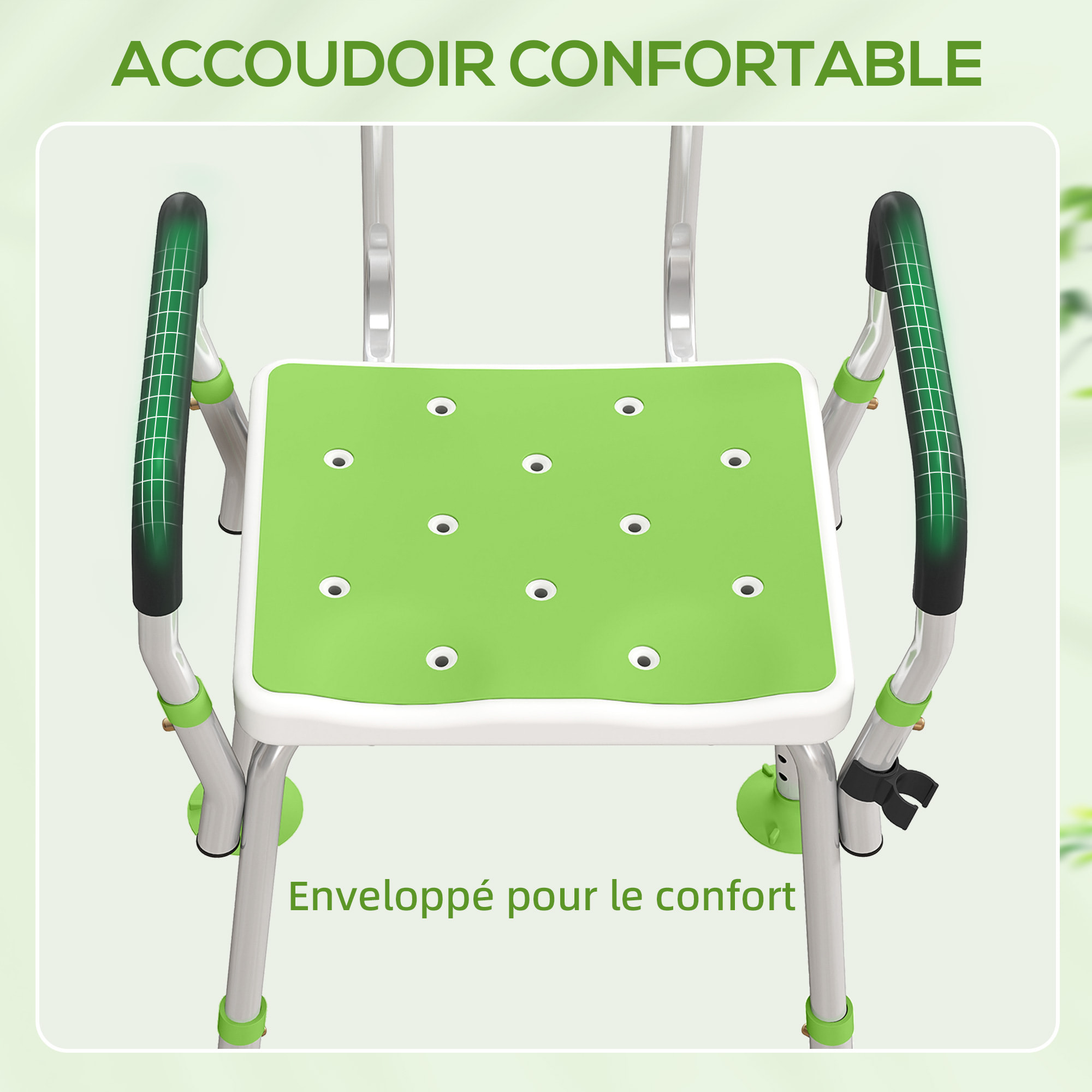 Chaise de douche siège de douche ergonomique hauteur réglable pieds antidérapants charge max. 136 Kg alu HDPE blanc vert