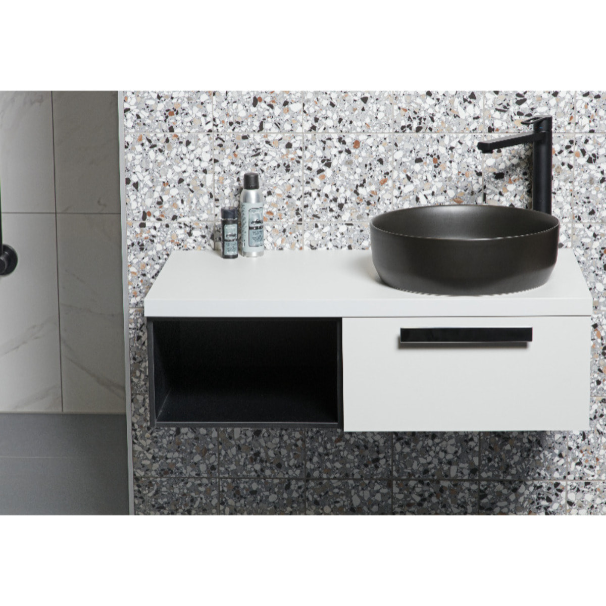 Set vasque à poser 39x39x12cm sans trop-plein + bonde à écoulement libre Infinitio noir mat SetSATINF-noir