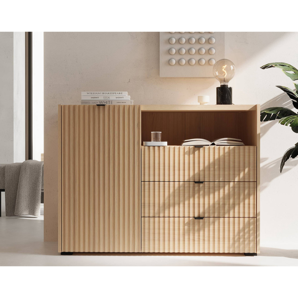 Judy - buffet bas 106 cm - 1 porte, 3 tiroirs et 1 niche - Bois