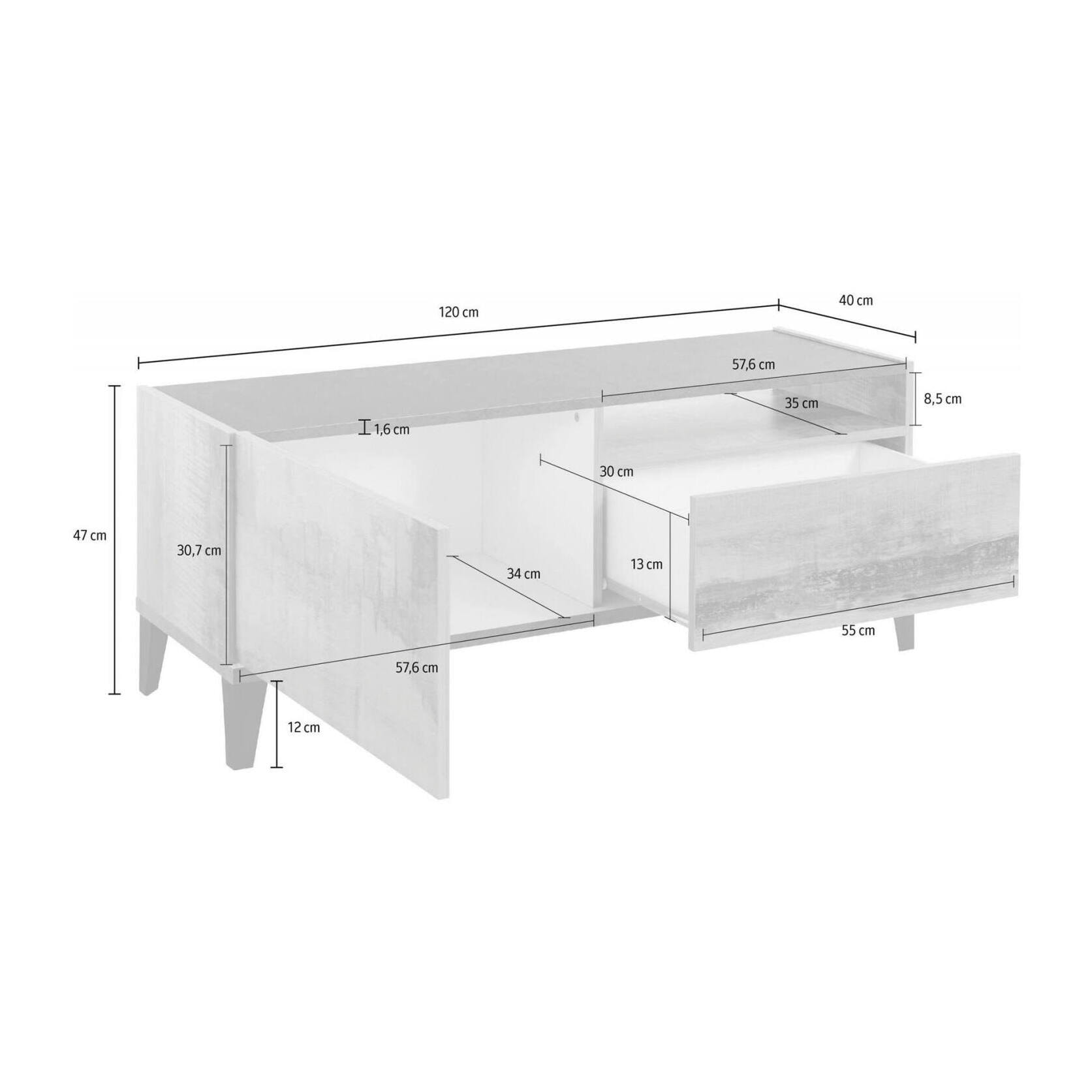 Mobile da soggiorno Porta TV, Made in Italy, Supporto per TV da salotto a 1 anta e 1 cassetto, Cm 120x40h47, Bianco lucido e Acero