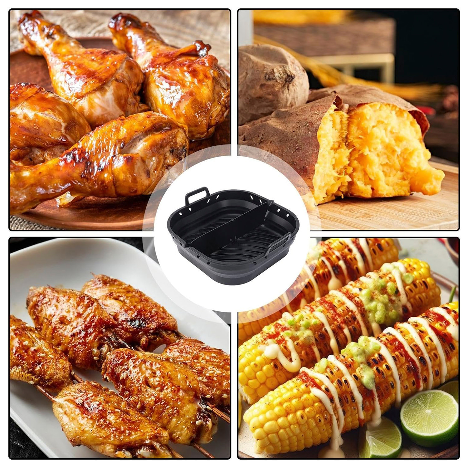 Stampo in silicone pieghevole, rettangolare, con manici, speciale per friggitrice ad aria 22x23 cm. Commestibile.