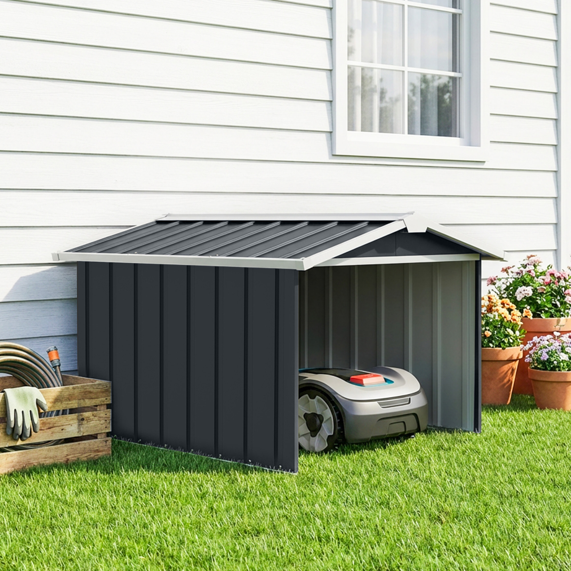 Garaje para Robot Cortacésped de Acero Galvanizado con Techo Dos Aguas, Caseta para Robot Cortacésped, 87x103x66 cm, para Jardín, Exterior, Césped, Gris Oscuro