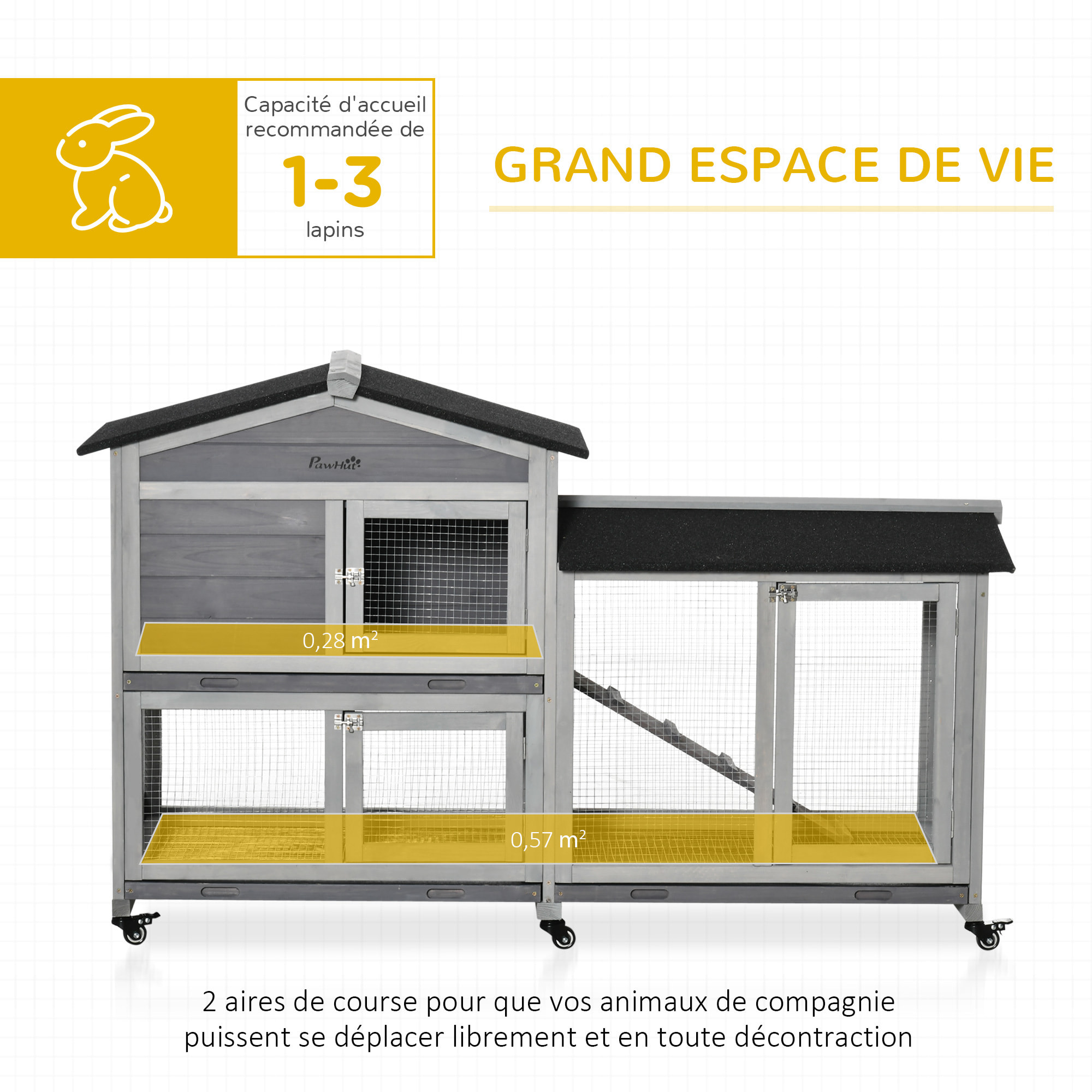 Clapier bois sur roulettes 2 niv. 3 plateaux déjections coulissants sapin gris pré-huilé