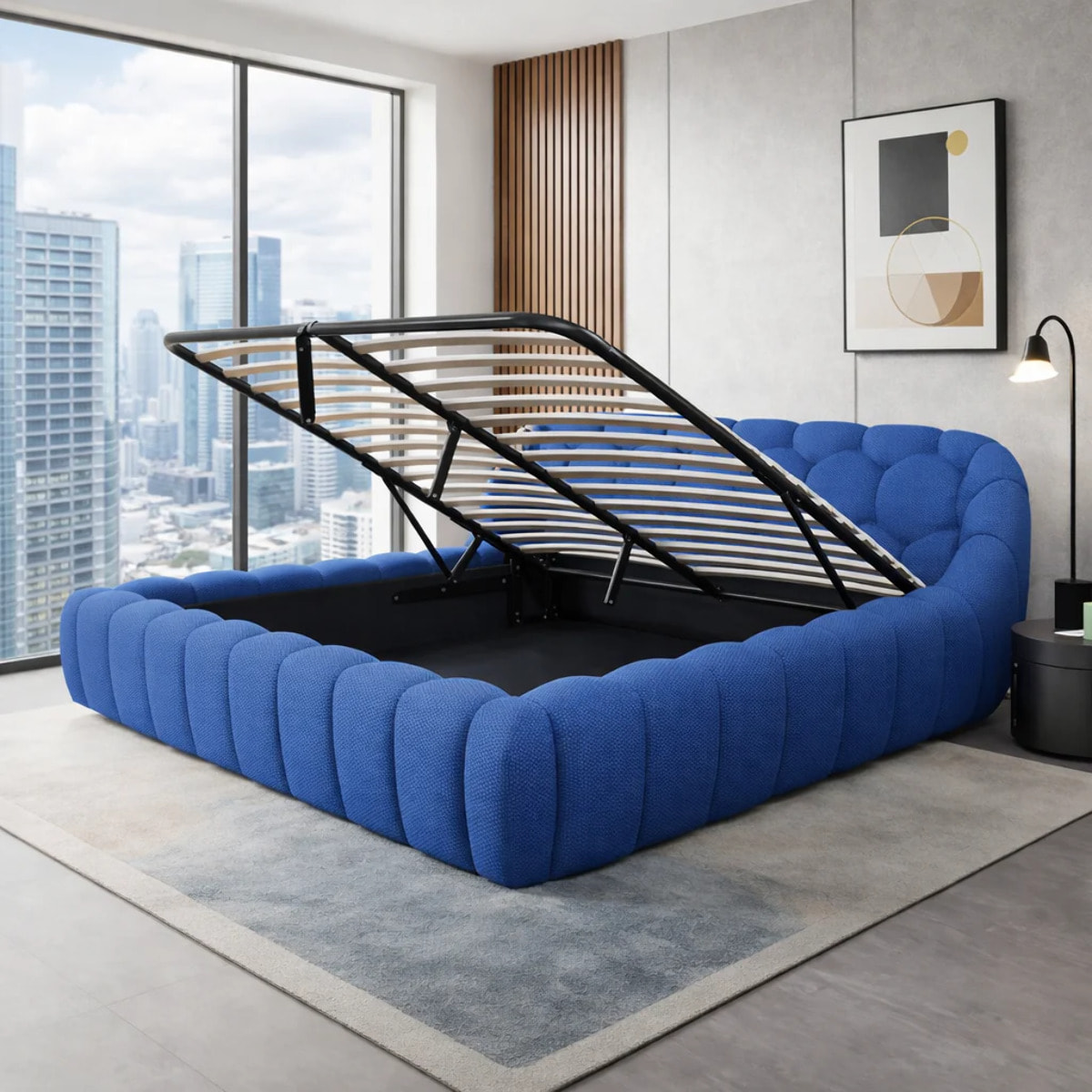 Lit coffre Bubble avec tête de lit en tissu 3D bleu nuit