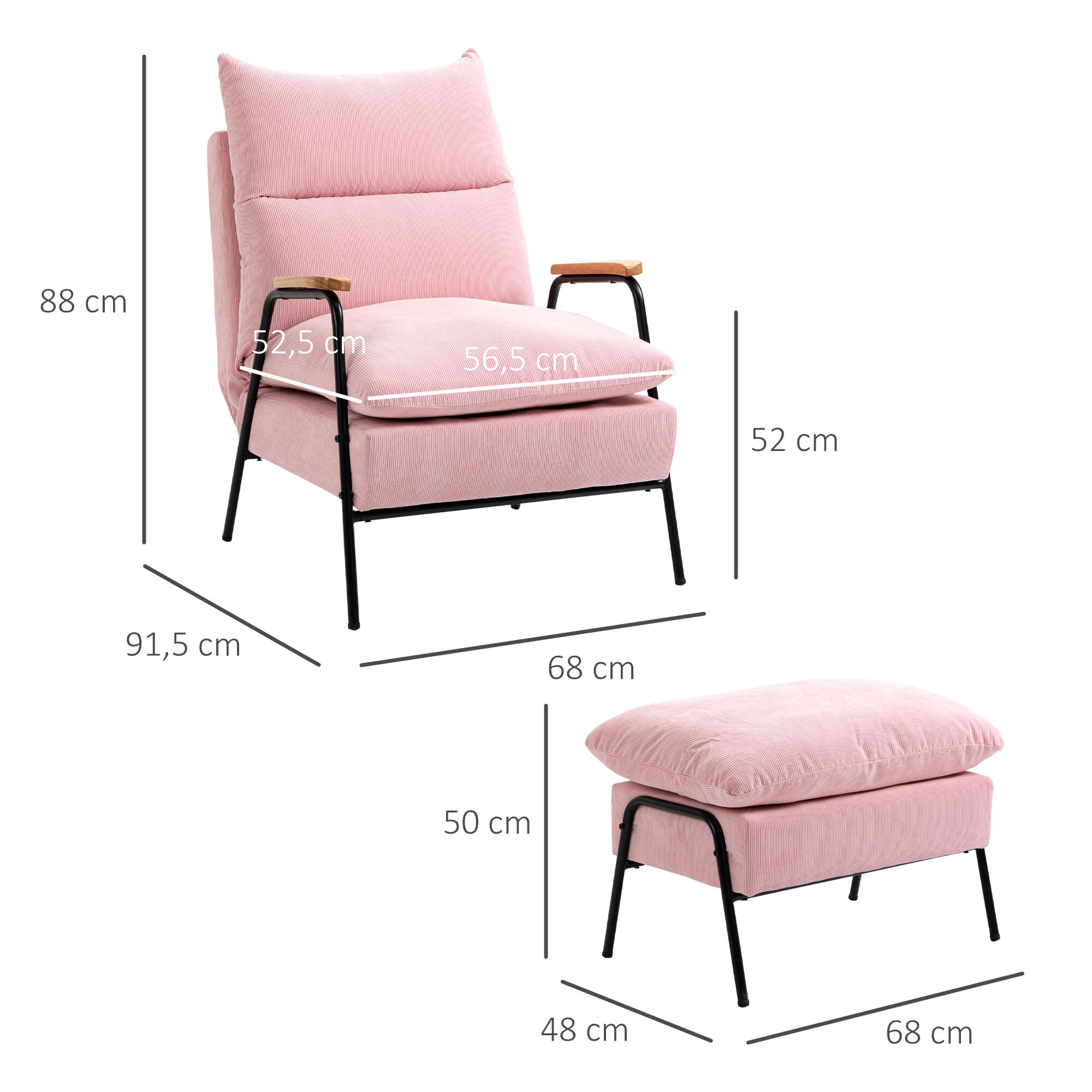 Sillón Relax con Reposapiés Sillón Reclinable con Respaldo Ajustable Tapizado en Pana Marco de Acero y Cojines para Salón Dormitorio 68x91,5x88 cm Rosa