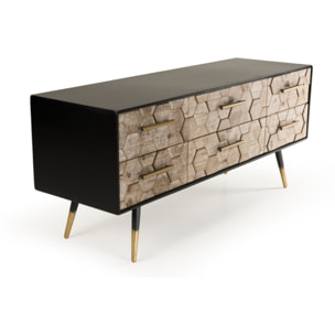 DORRIE - Meuble TV noir 6 tiroirs scandi bois Sapin marqueté pieds métal doré