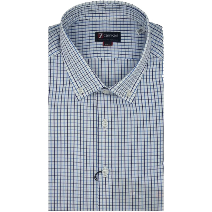 Camicia Uomo 1 Bottone Button Down Slim Popeline Quadro Medio Blu/Celeste