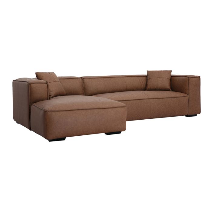 Canapé d'angle gauche vintage 4-5 places en cuir marron et bois noir COBAIN