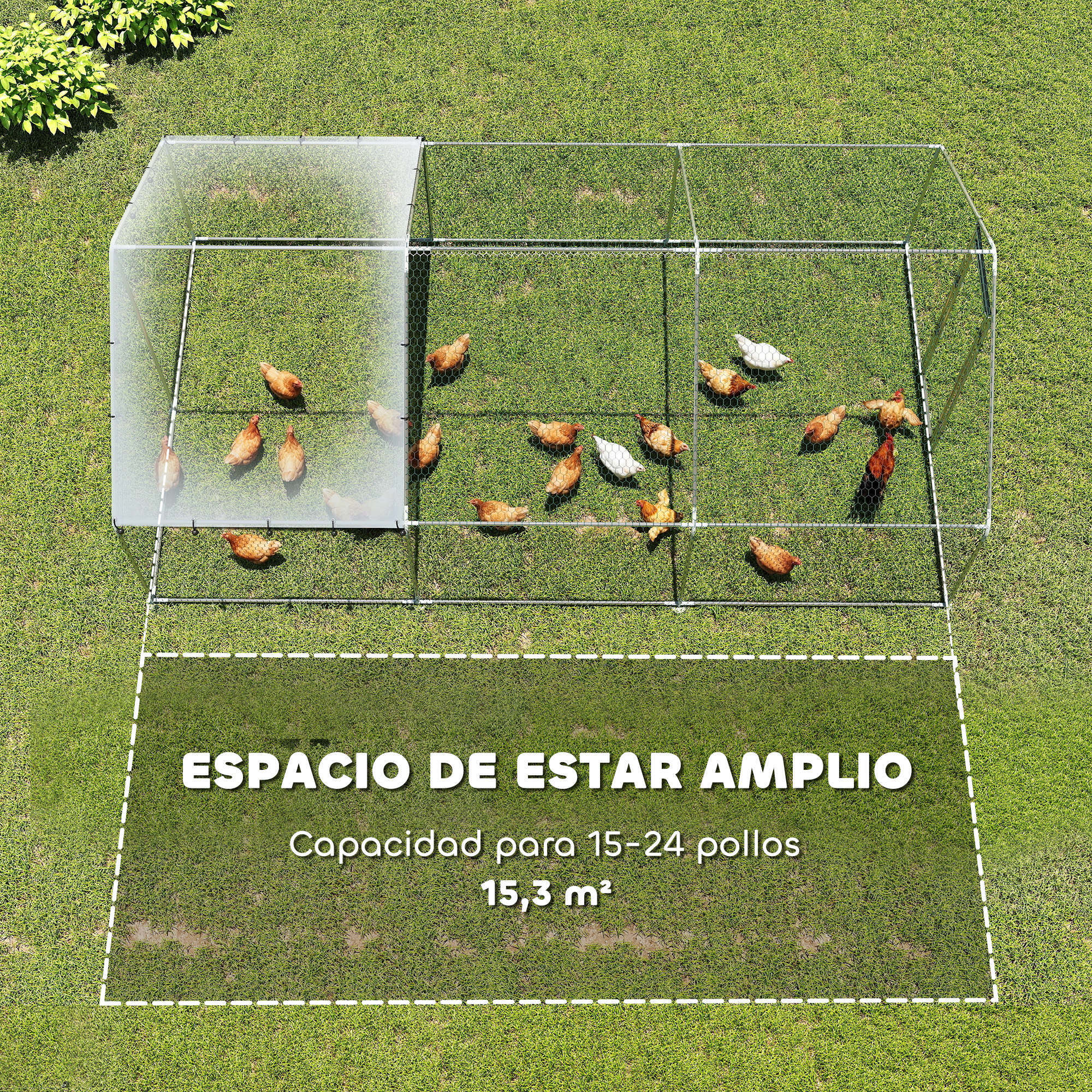 Gallinero para Exterior Grande, 5,1x3x1,9 m, Gallinero de Acero Galvanizado, Puerta con Doble Cierre, Cubierta Tela Oxford, Anti-UV e Impermeable, Diseño Accesible, para 15-24 Gallinas, Plata