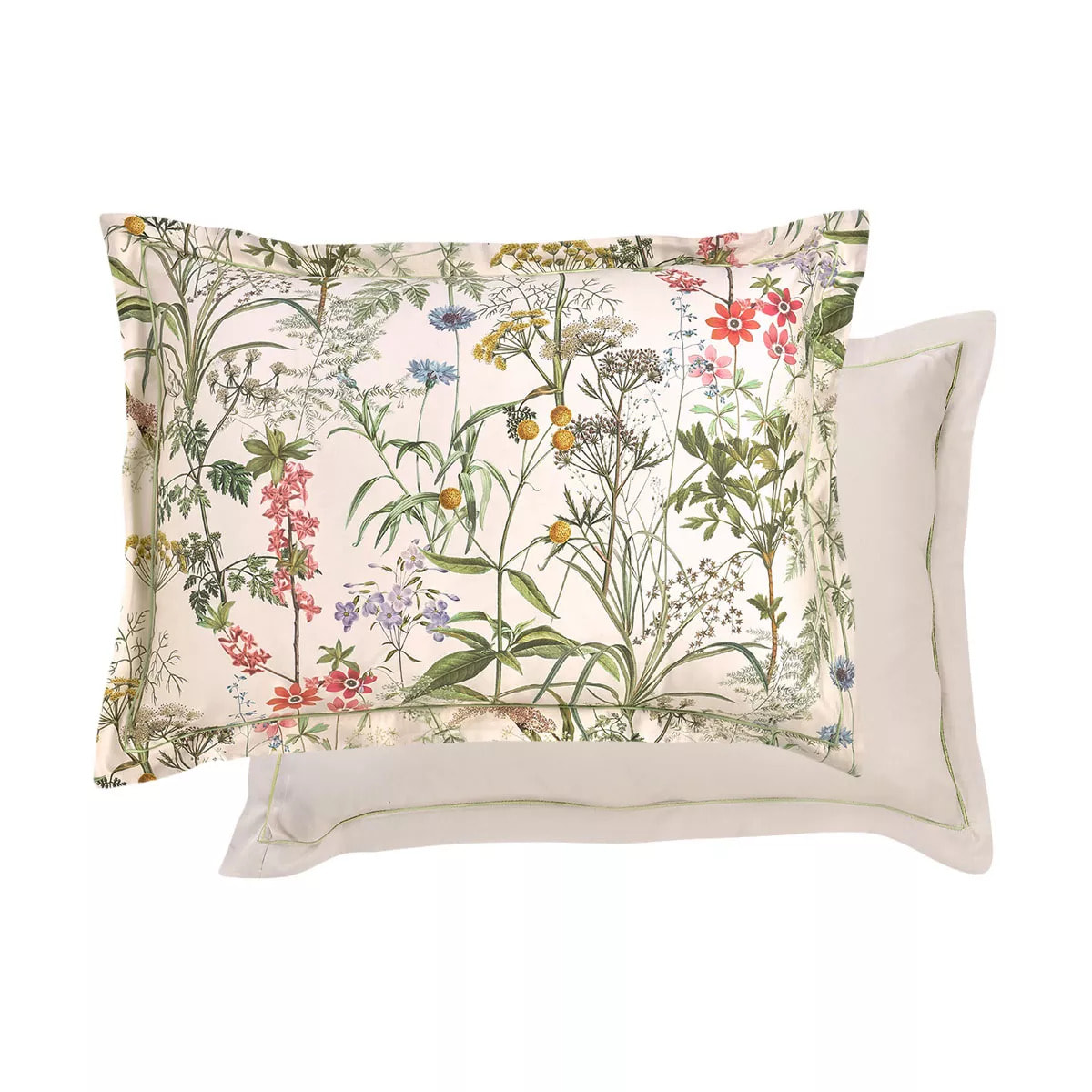 Taie d'oreiller satin de coton imprimé rose beige vert Prairie legere beige