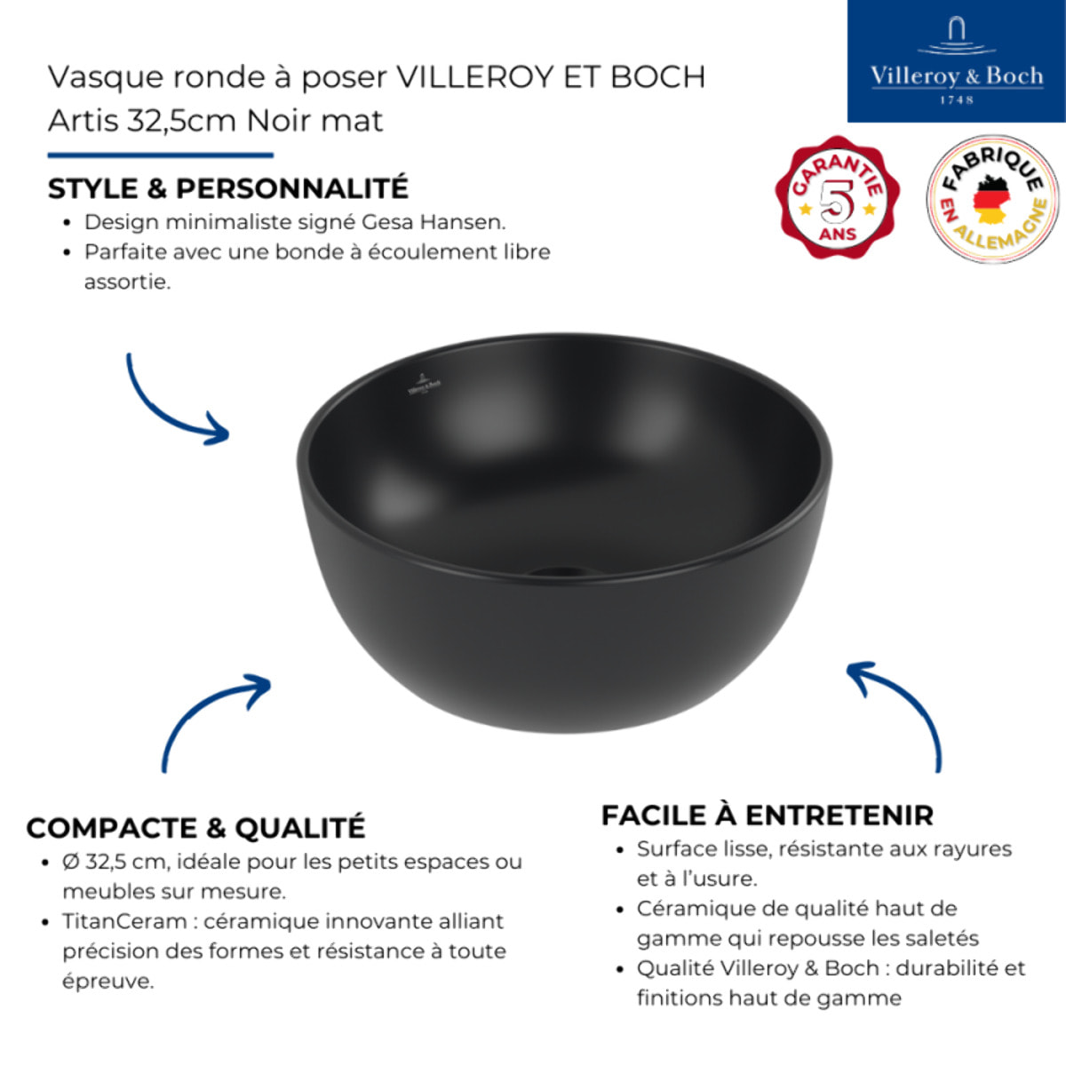 Vasque ronde à poser Artis 32,5cm Noir mat