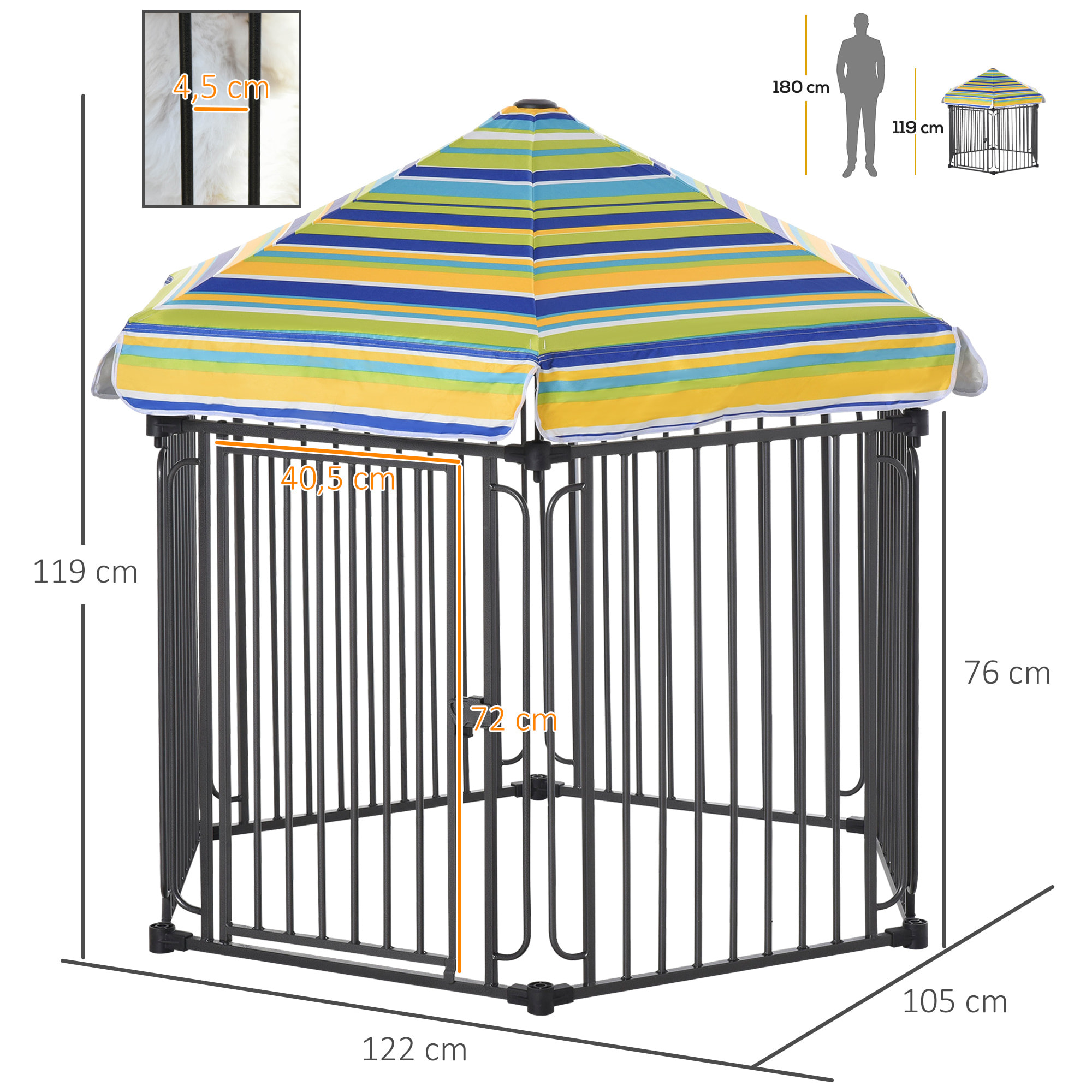 Parque para Perros 6 Vallas de Metal 61x76 cm Corrales Desmontables para Perros con Techo Hexagonal y Puerta con Cierre de Seguridad 122x105x119 cm Negro y Colorido