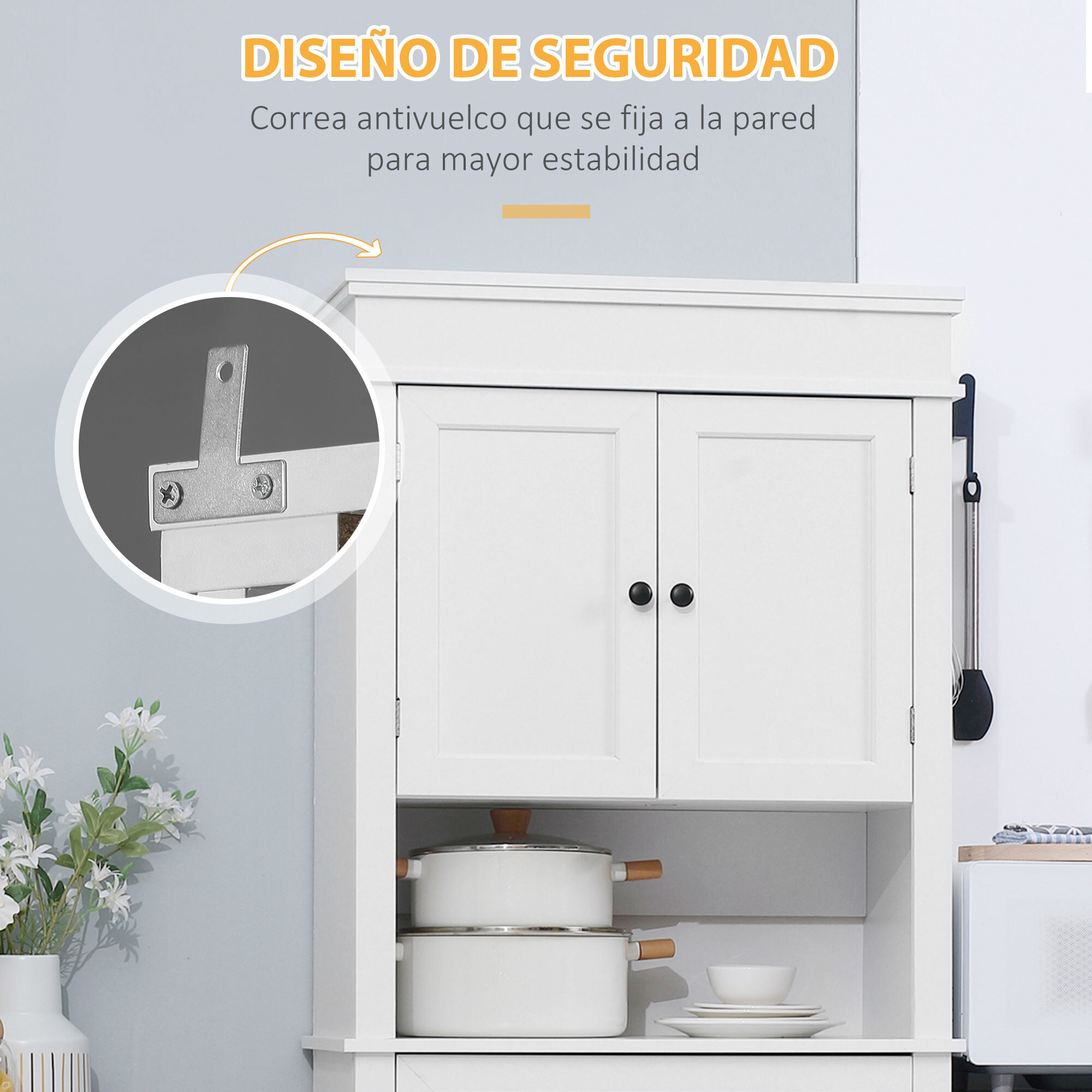 Alacena de Cocina Aparador de Comedor Mueble Auxiliar para Microondas con 4 Puertas 1 Cajón y Estante Abierto para Salón 74x39,5x183 cm Blanco