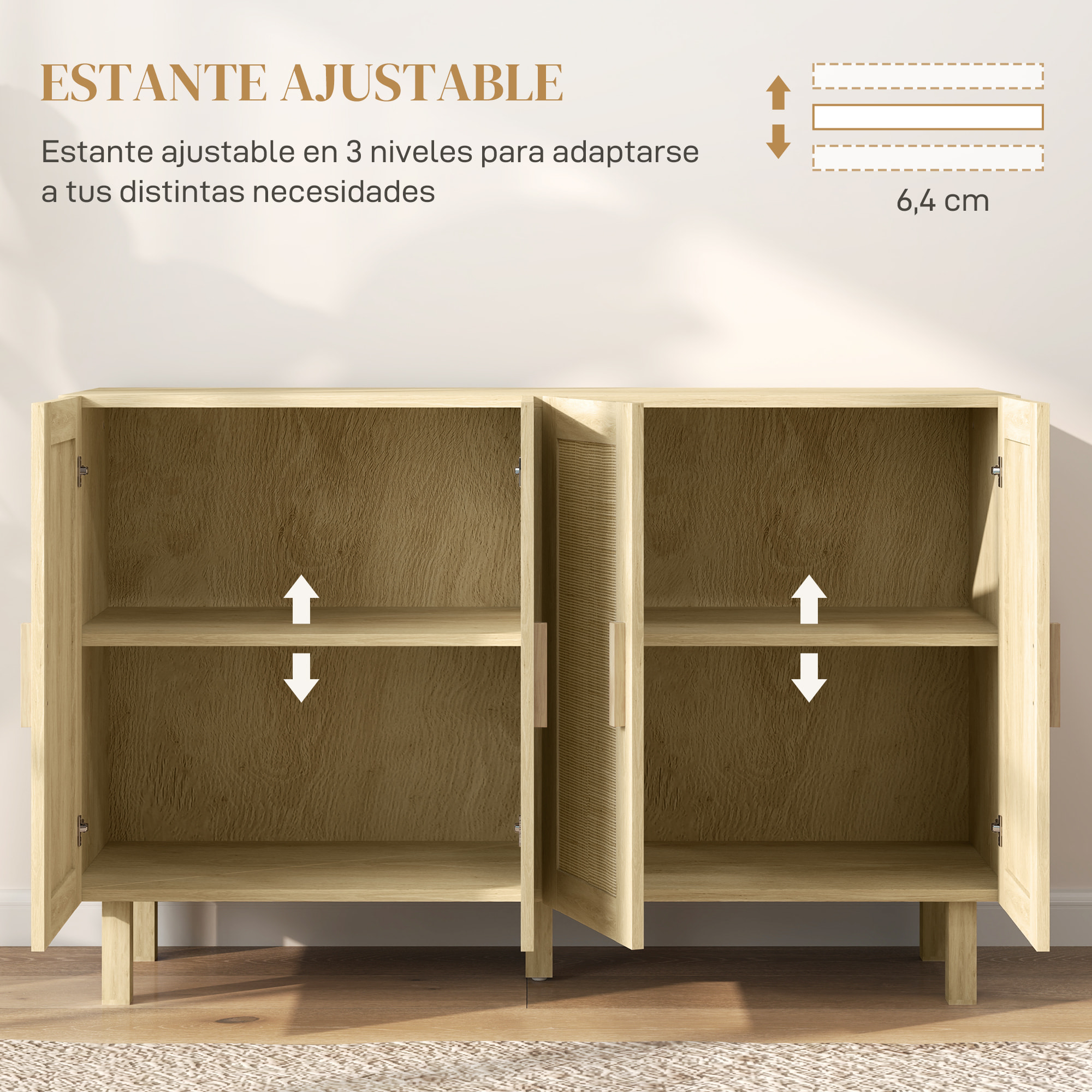 Aparador 4 Puertas de Rejilla de Ratán Aparador para Salón Nórdico con Estantes Ajustables para Comedor Entrada Dormitorio Natural 120x39,5x76 cm