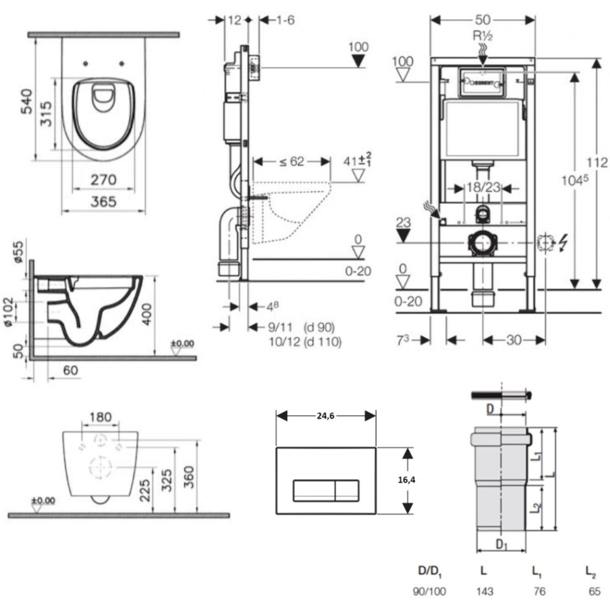 Pack WC Bati-support Geberit Duofix + WC sans bride Vitra SENTO noir mat + Abattant frein de chute + Plaque noire (BlackSentoGeb