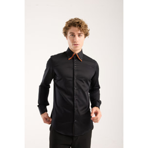 Camicia Uomo 2 Bottoni Button Down Triplo Collo Slim Satin Unito Nero