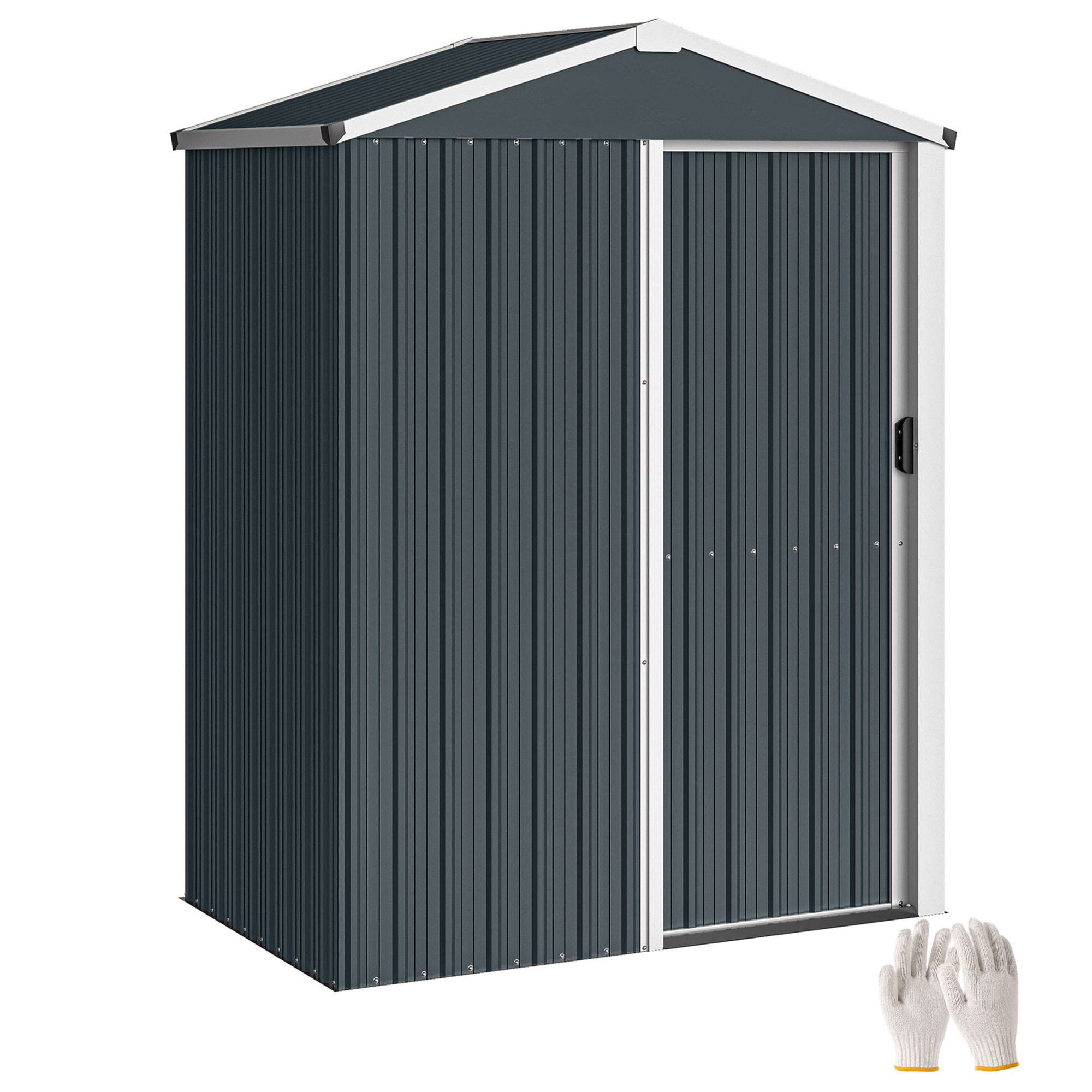 Outsunny Caseta de Jardín Exterior 1,1 m², 136x87x176 cm, Cobertizo de Jardín Exterior Metálico con Puerta Corredera, Techo Inclinado y Guantes, para Almacenaje de Herramientas, Gris Oscuro