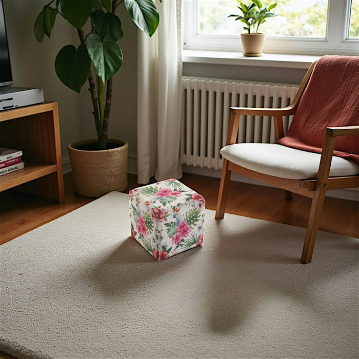 Pouf cube tropical motif perroquets, feuilles et fleurs 35x35x35cm BORNEO