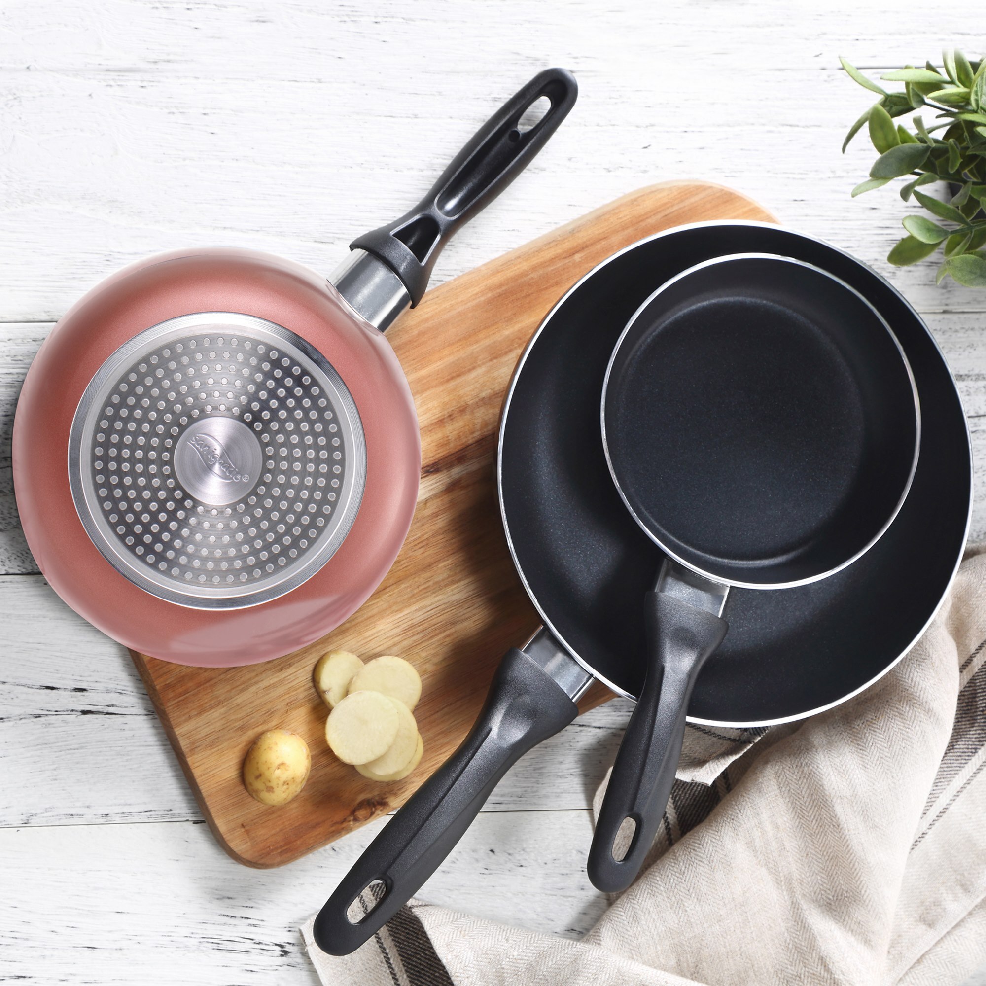 Set 3 sartenes ø16/20/24 cm, aluminio prensado, aptas para inducción + set 4 cuchillos de cocina: chef, santoku, pelador y muliusos, mango con silicon