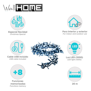 luces de navidad con 1000 leds en color blanco frío y 8 juegos de luz - 20m de longitud