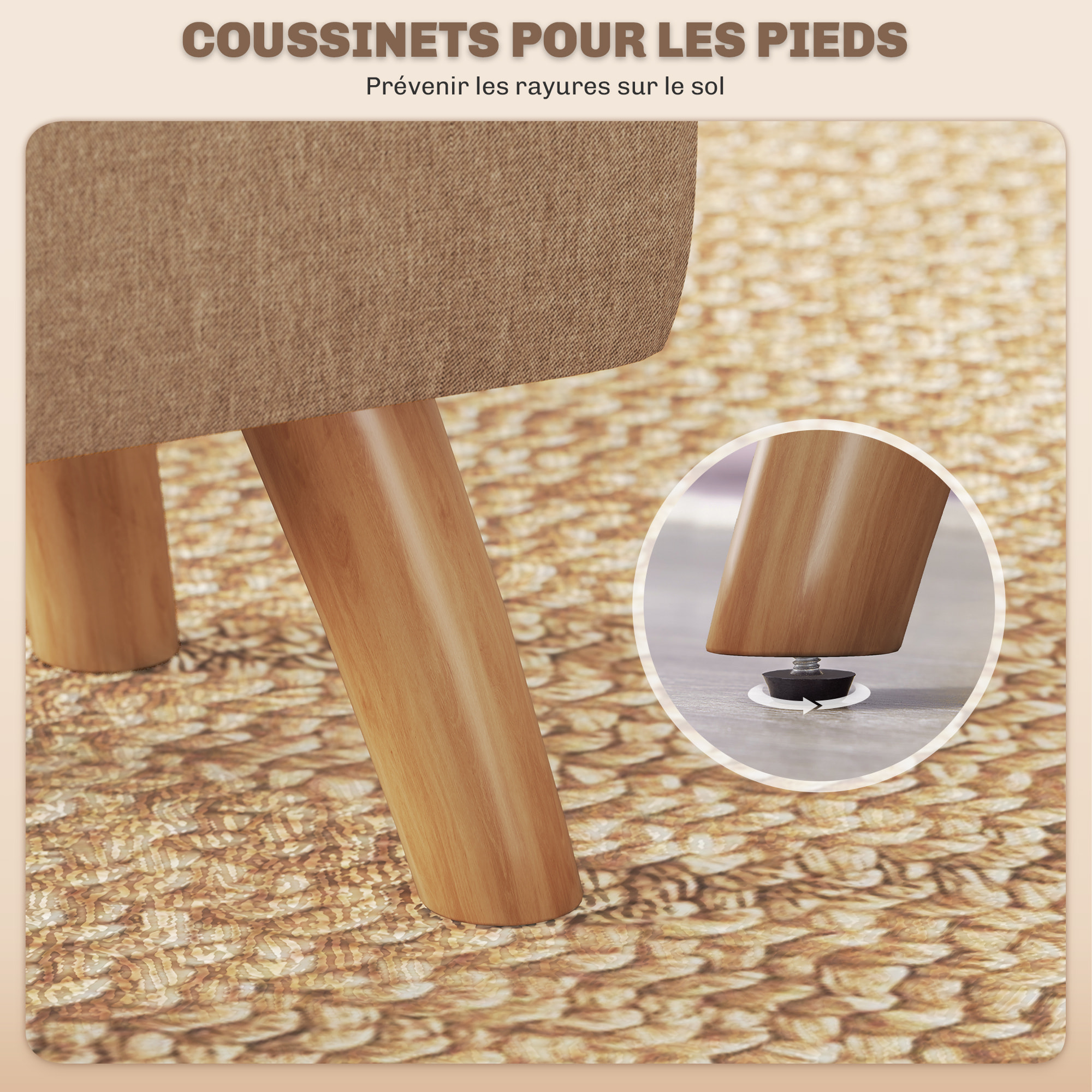 Pouf repose-pieds style nordique piètement bois incliné tissu assise effet capitonné marron