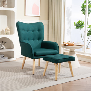 Sillón con Reposapiés Sillón Lectura con Respaldo Alto Capitoné Patas de Madera y Tapizado en Lino Butaca para Salón Dormitorio Oficina Verde Oscuro