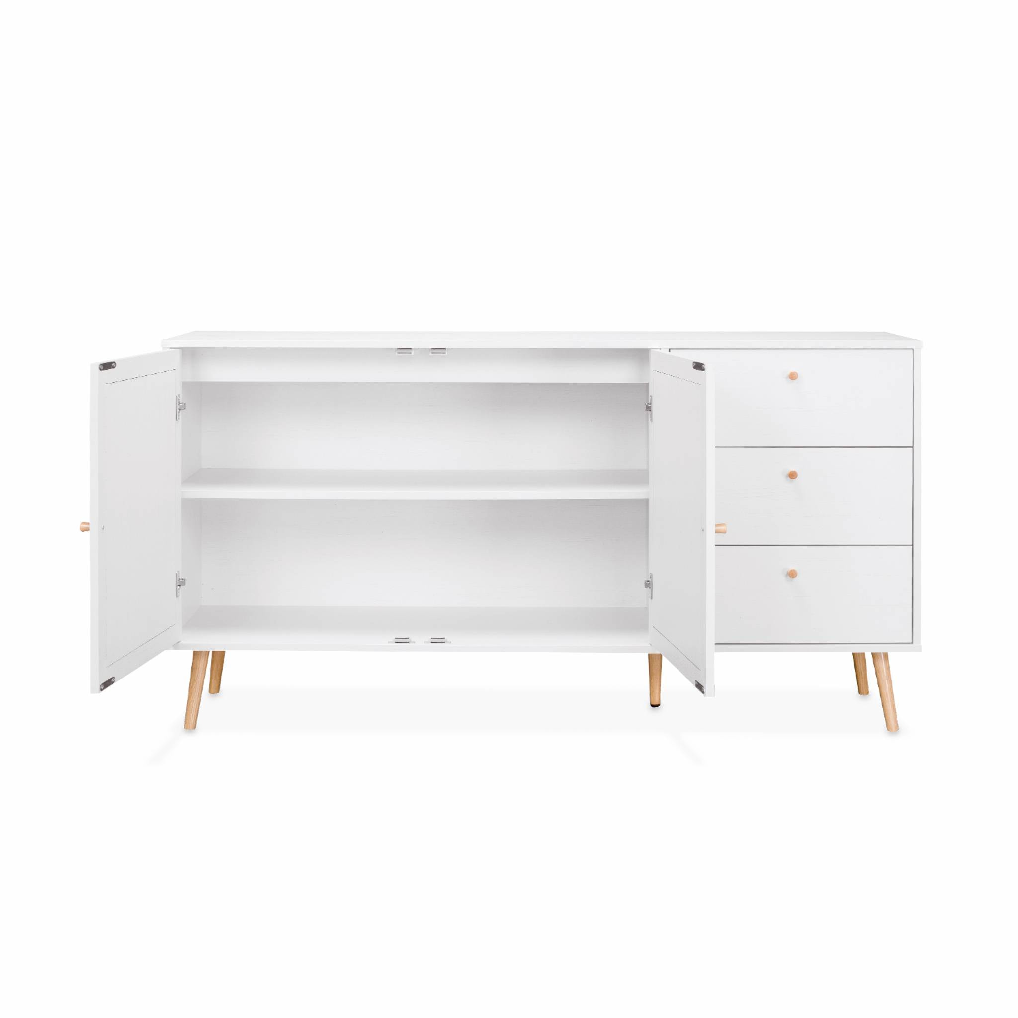Buffet de rangement blanc en cannage 2 portes 3 tiroirs. buffet bas. L150 x l39 x H79cm - Bohème