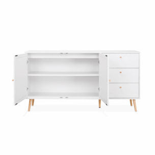 Buffet de rangement blanc en cannage 2 portes 3 tiroirs. buffet bas. L150 x l39 x H79cm - Bohème