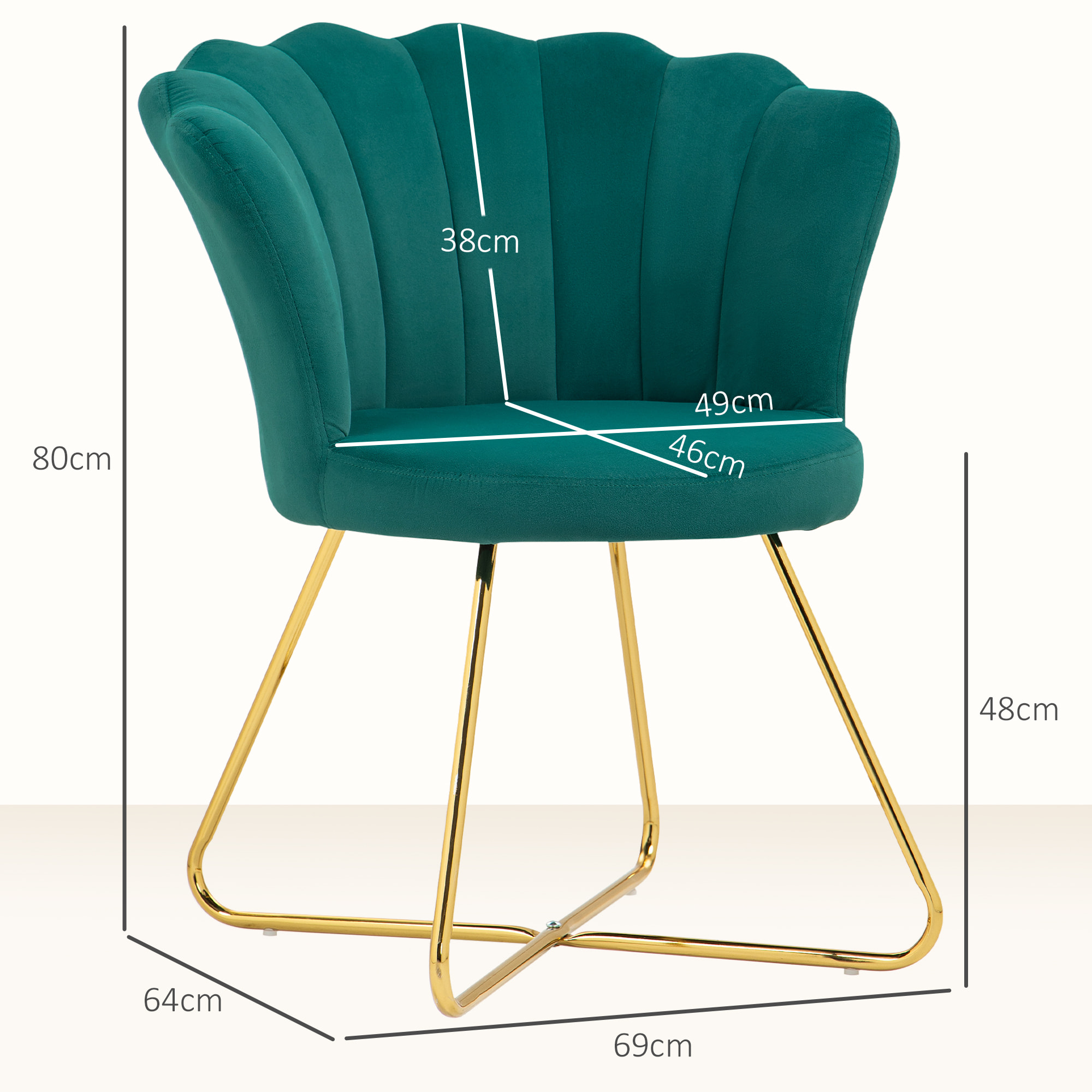 Fauteuil design coquillage piètement acier doré velours vert émeraude