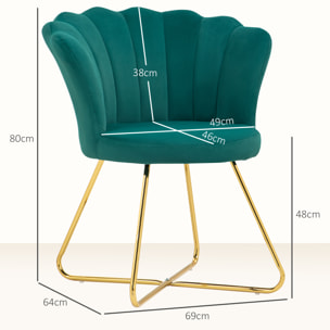 Fauteuil design coquillage piètement acier doré velours vert émeraude