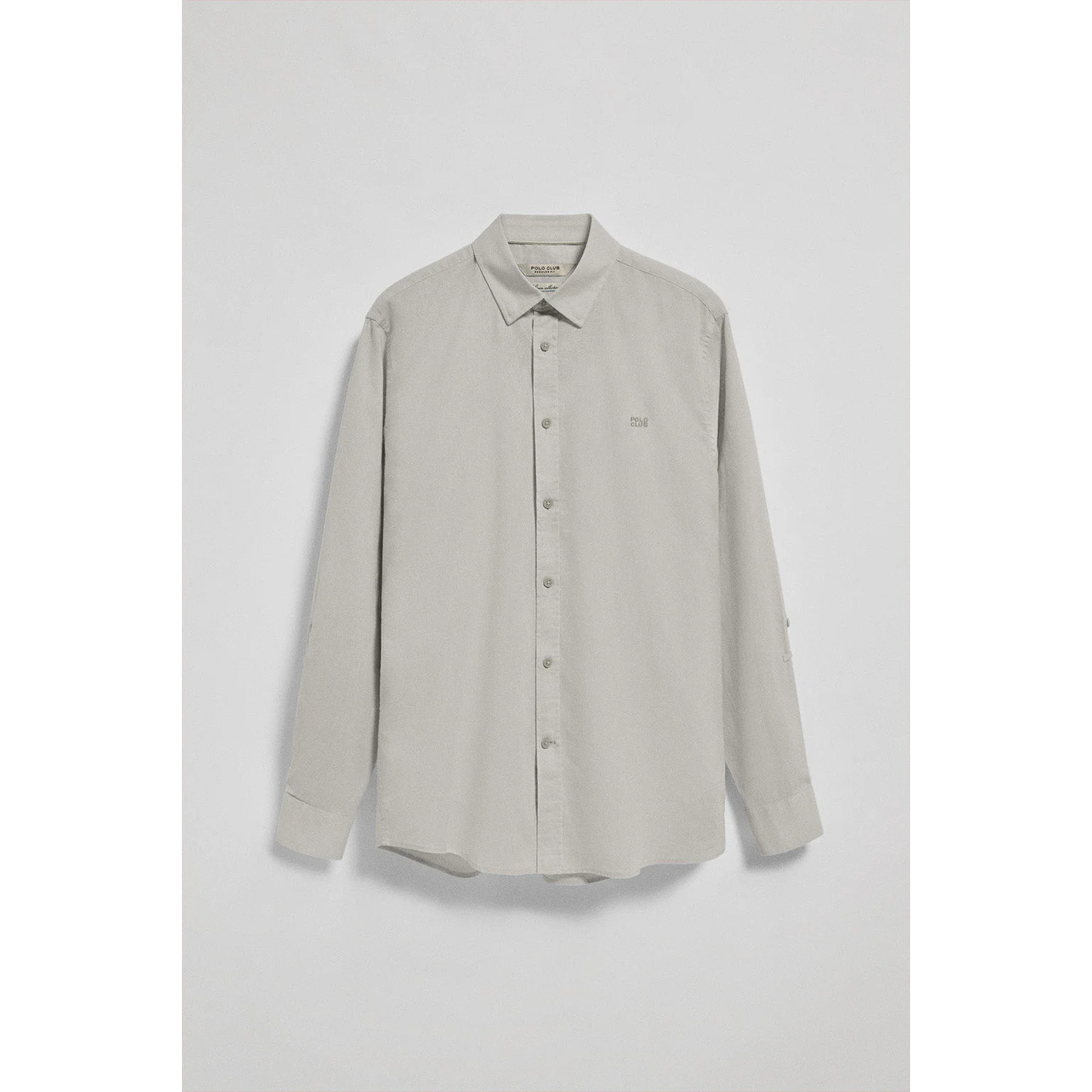 Camisa gris de lino y algodón regular fit con logo bordado