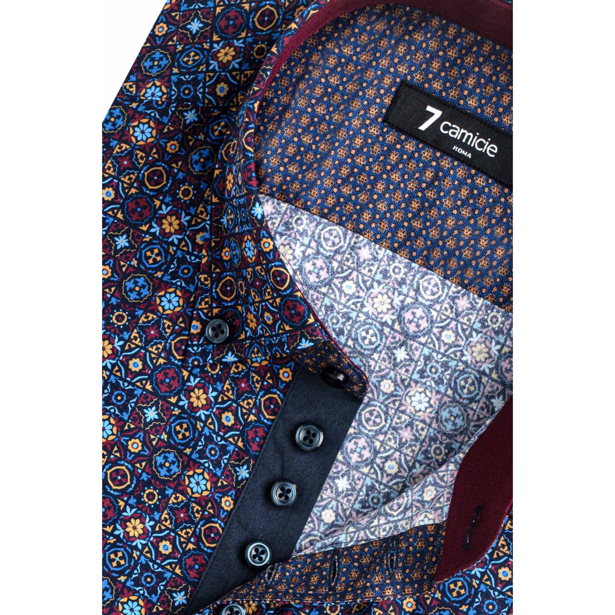 Camicia Uomo 1 Bottoni Button Down Slim Popeline Stampato Blu e Rosso