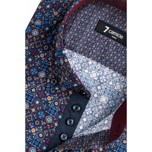 Camicia Uomo 1 Bottoni Button Down Slim Popeline Stampato Blu e Rosso