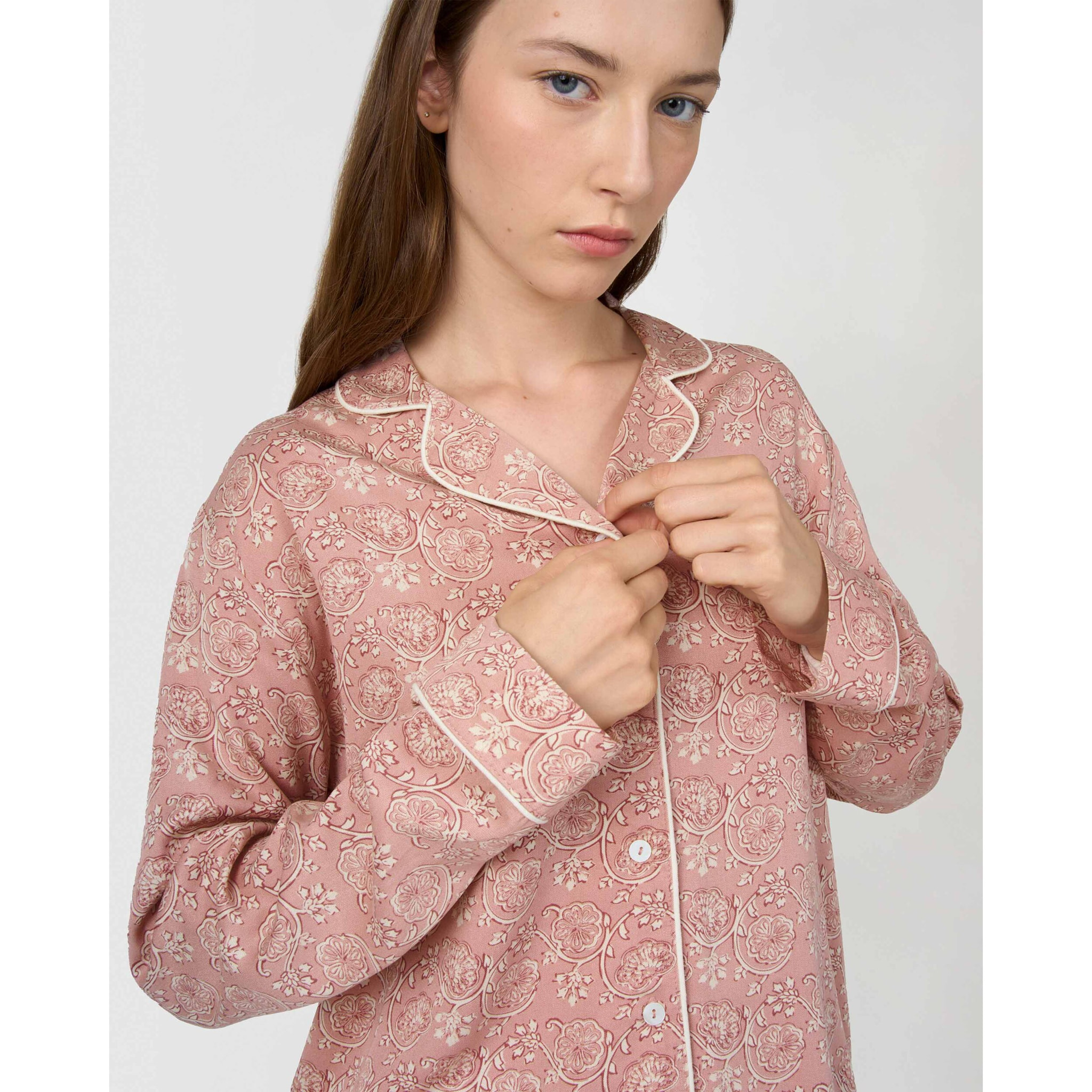 Pigiama lungo a camicia in viscosa eclat rosa