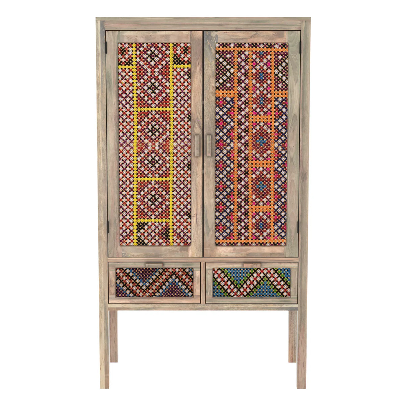 Armoire 2 portes 2 tiroirs en manguier et cannage coloré - Massaï